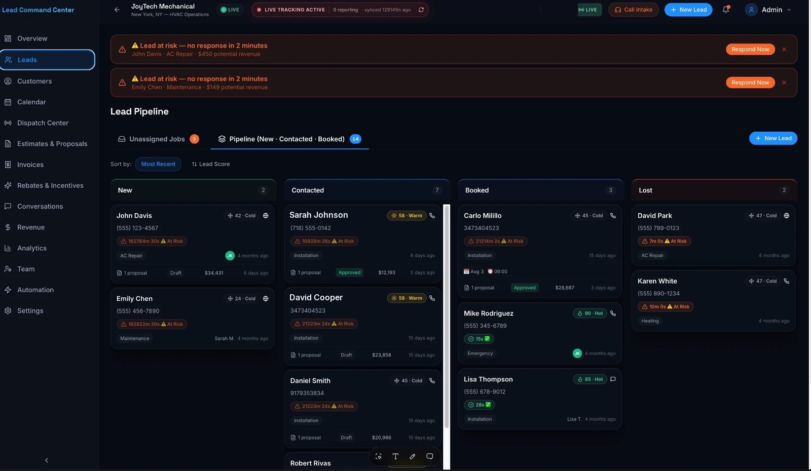 Lead pipeline board in the Cornerstone platform with New, Contacted, Booked, and Lost columns, AI lead scores, at-risk response timers, and proposal values on each lead card.