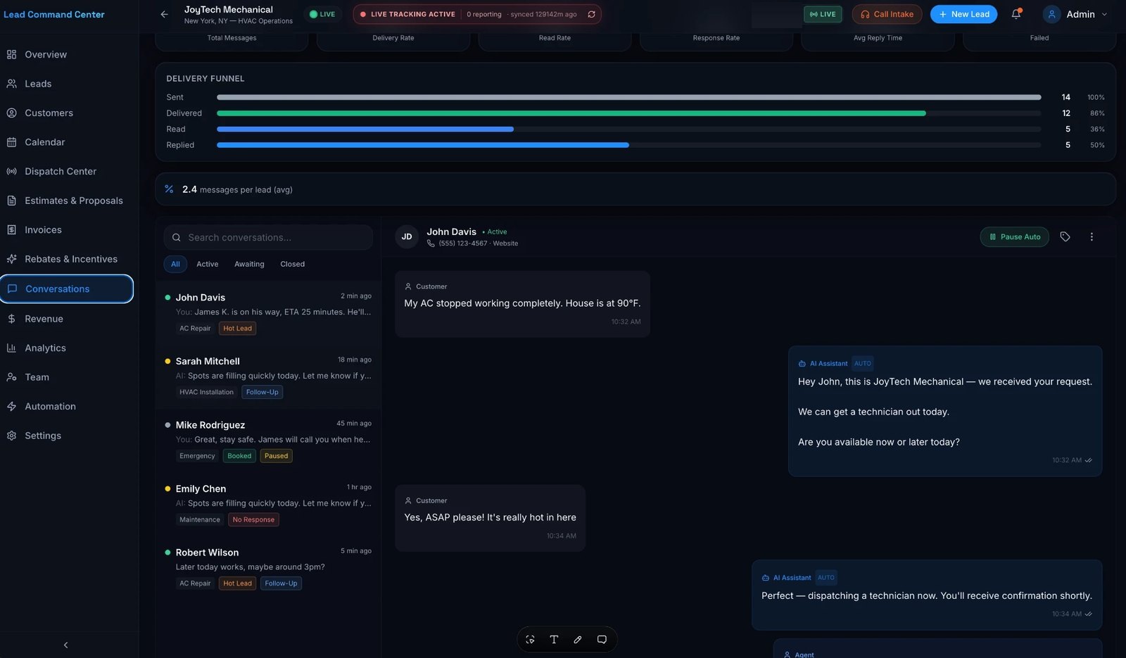 AI conversation center in the Cornerstone platform showing SMS delivery funnel metrics and a two-way customer thread where the AI assistant replies and dispatches a technician automatically.