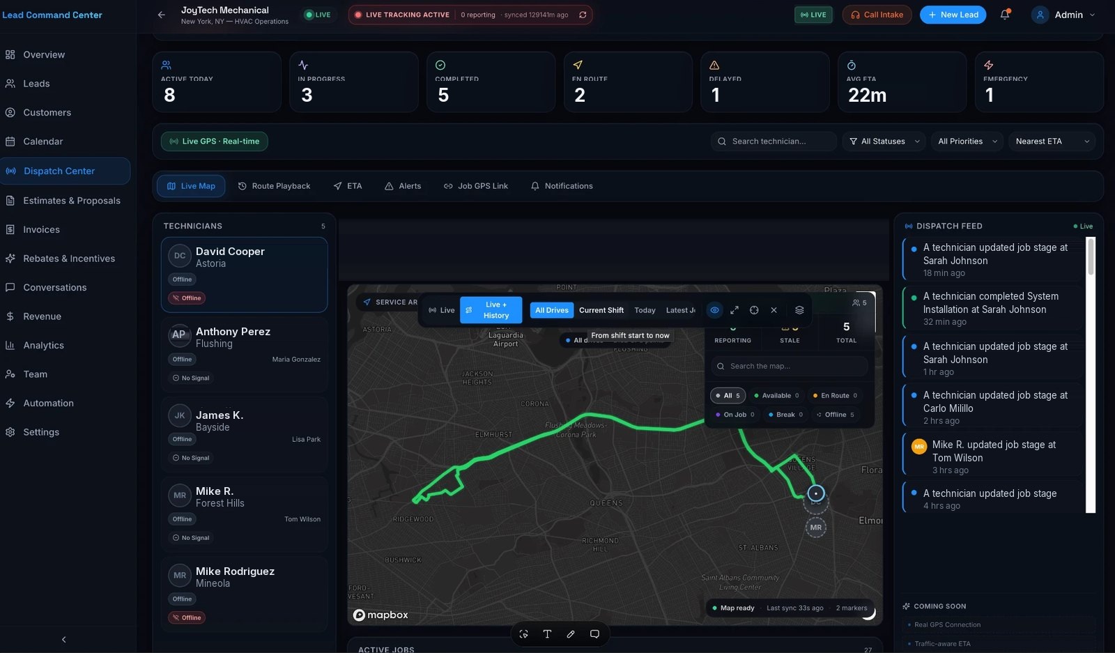 Live dispatch center in the Cornerstone platform showing a real-time GPS map of technician routes, technician roster with availability, job status counters, and a live dispatch activity feed.