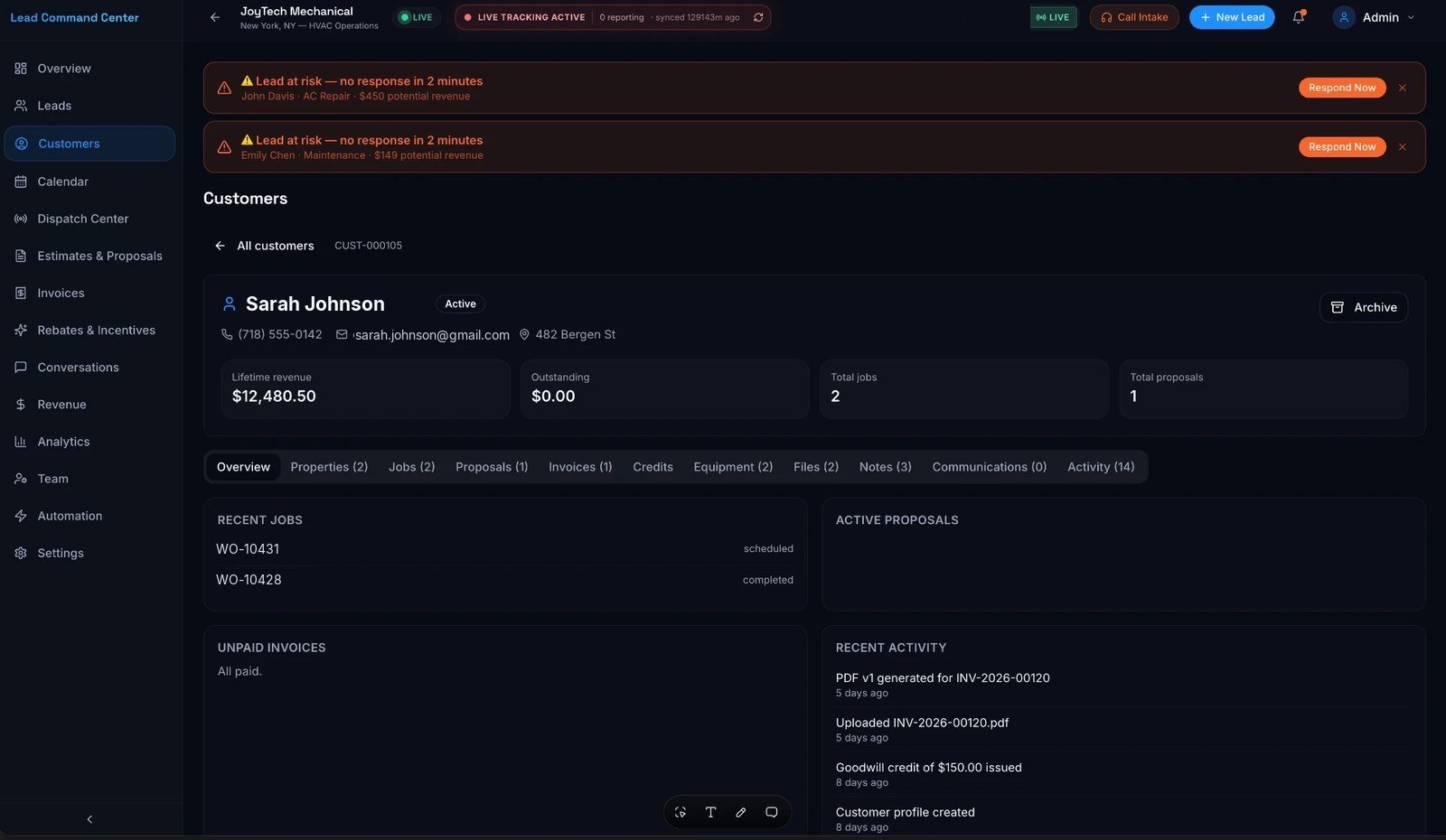 Customer record inside the Cornerstone CRM showing lifetime revenue, outstanding balance, total jobs and proposals, recent job history, unpaid invoices, and a full customer activity timeline.