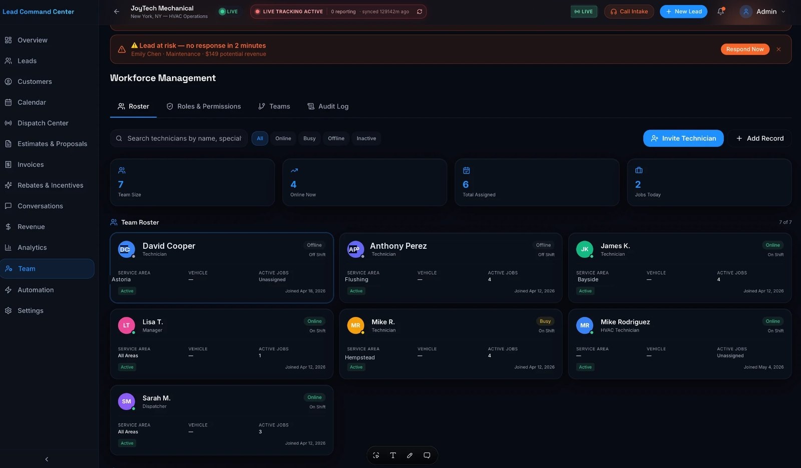 Workforce management screen in the Cornerstone platform showing team size, technicians online, assigned jobs, and a roster of technicians with service area, shift status, and active job counts.