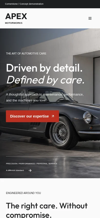 Apex Motorworks functioning concept website — mobile screenshot